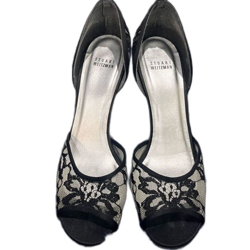 Stuart Weitzman Lace Peep Toe Elegant Black and Cream Lace Heels 10